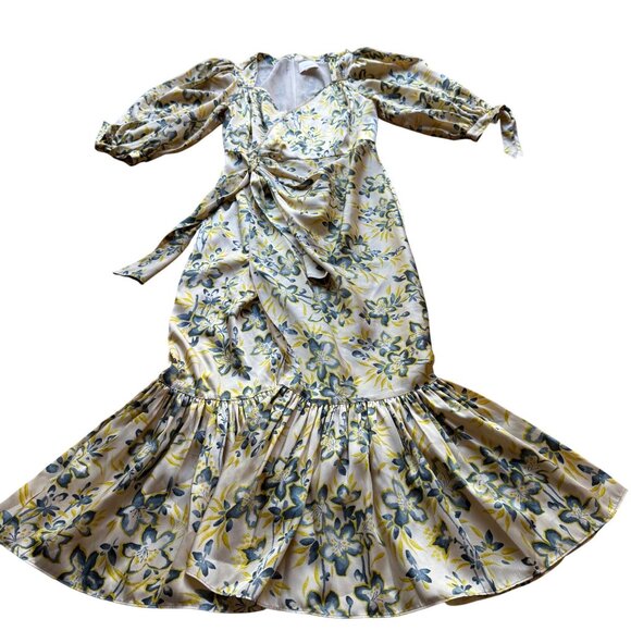 Cinq À Sept Size 4 Multicolor Kerstin Floral Puff Sleeve Ruffle Midi Wrap Dress - Picture 2 of 16